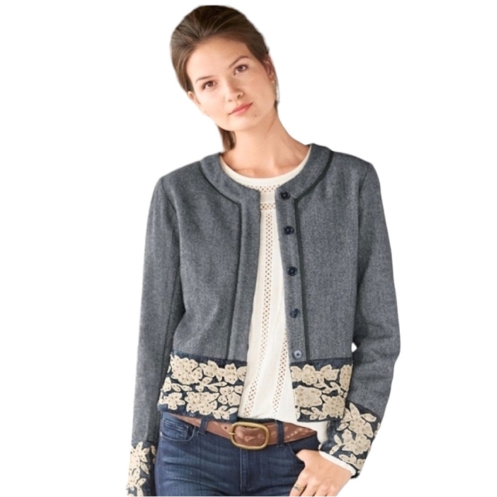 Sundance Wool Tweed Herringbone Velvet Beaded Trim Opera Jacket
